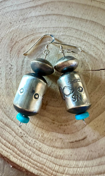 STERLING SILVER and Turquoise Barrel Earrings • 6g