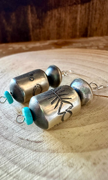 STERLING SILVER and Turquoise Barrel Earrings • 6g