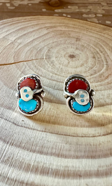 EFFIE CALAVAZA Zuni Handmade Sterling Silver, Turquoise and Coral Snake Earrings