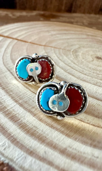 EFFIE CALAVAZA Zuni Handmade Sterling Silver, Turquoise and Coral Snake Earrings