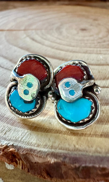 EFFIE CALAVAZA Zuni Handmade Sterling Silver, Turquoise and Coral Snake Earrings