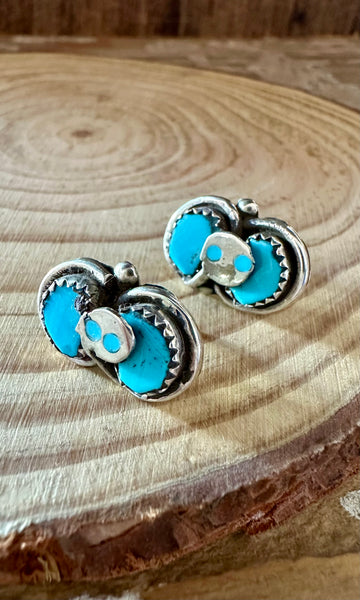 EFFIE CALAVAZA Zuni Handmade Sterling Silver and Double Turquoise Snake Earrings