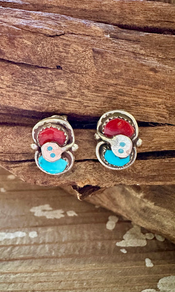 EFFIE CALAVAZA Zuni Handmade Sterling Silver, Turquoise and Coral Snake Earrings