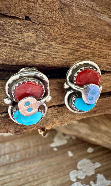 EFFIE CALAVAZA Zuni Handmade Sterling Silver, Turquoise and Coral Snake Earrings