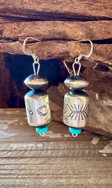 STERLING SILVER and Turquoise Barrel Earrings • 6g