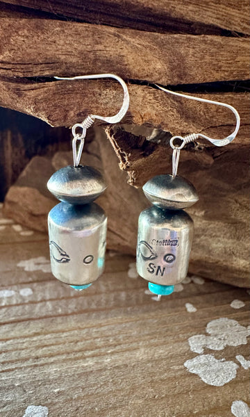 STERLING SILVER and Turquoise Barrel Earrings • 6g