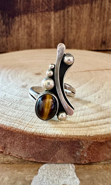 ART DECO TIGERS Eye Sterling Silver Ring • Size 6 1/4