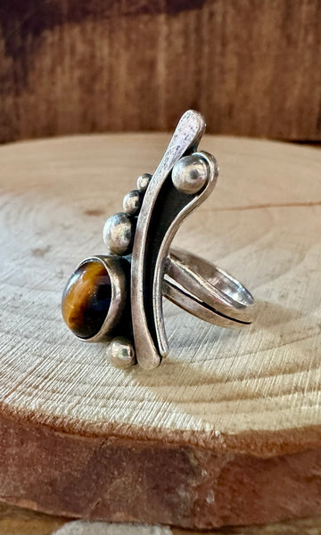 ART DECO TIGERS Eye Sterling Silver Ring • Size 6 1/4