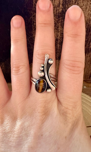 ART DECO TIGERS Eye Sterling Silver Ring • Size 6 1/4