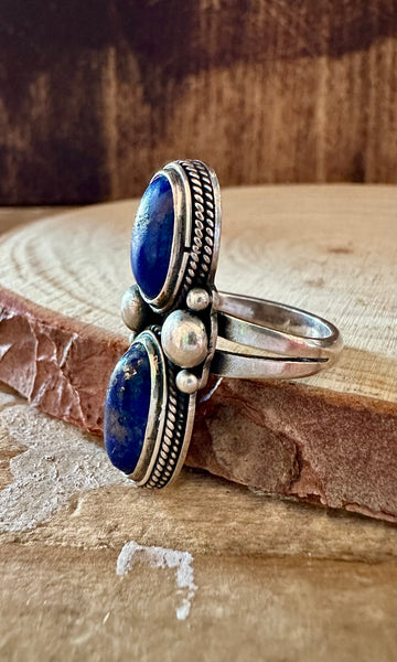 DOUBLE BLUE Lapis and Silver Ring • Size 5 1/4