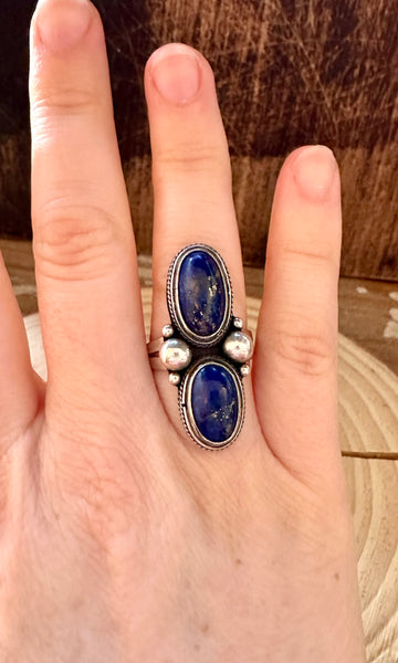 DOUBLE BLUE Lapis and Silver Ring • Size 5 1/4