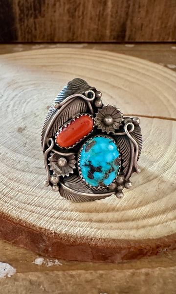 GARDEN OF EDEN Turquoise & Coral Silver Ring • Size 6 1/2