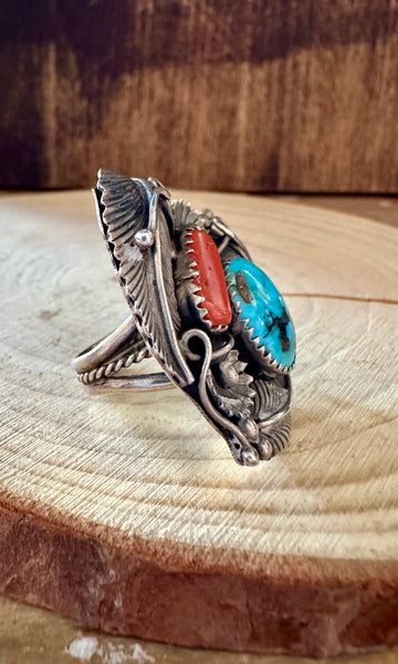 GARDEN OF EDEN Turquoise & Coral Silver Ring • Size 6 1/2