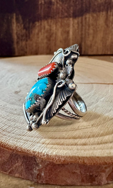 GARDEN OF EDEN Turquoise & Coral Silver Ring • Size 6 1/2