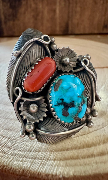 GARDEN OF EDEN Turquoise & Coral Silver Ring • Size 6 1/2