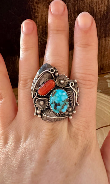 GARDEN OF EDEN Turquoise & Coral Silver Ring • Size 6 1/2