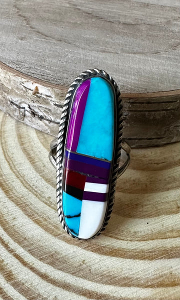 RING AROUND Multi Inlay Zuni Silver Ring, Size 8