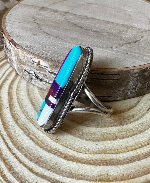 RING AROUND Multi Inlay Zuni Silver Ring, Size 8