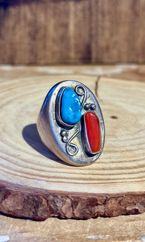 VINTAGE STEPPING STONES Turquoise & Coral Men's Ring • Size 9.5