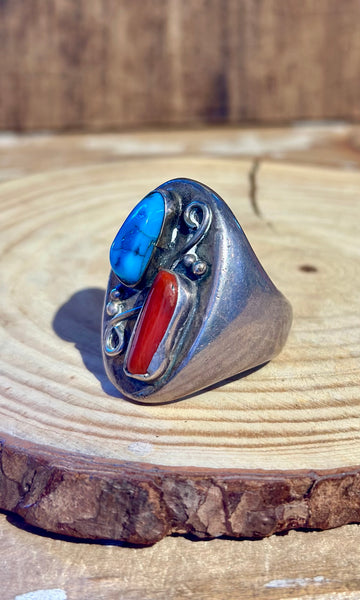 VINTAGE STEPPING STONES Turquoise & Coral Men's Ring • Size 9.5