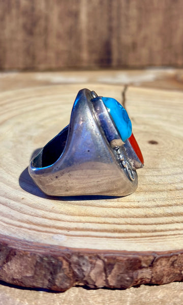 VINTAGE STEPPING STONES Turquoise & Coral Men's Ring • Size 9.5