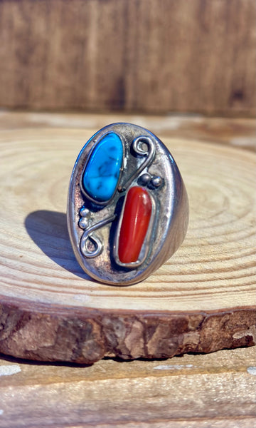 VINTAGE STEPPING STONES Turquoise & Coral Men's Ring • Size 9.5