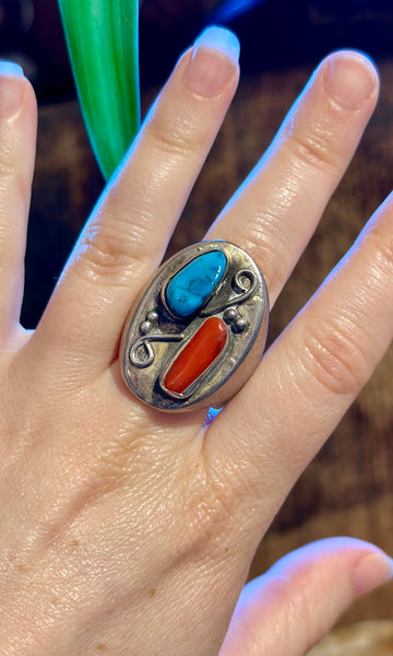 VINTAGE STEPPING STONES Turquoise & Coral Men's Ring • Size 9.5