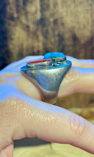 VINTAGE STEPPING STONES Turquoise & Coral Men's Ring • Size 9.5