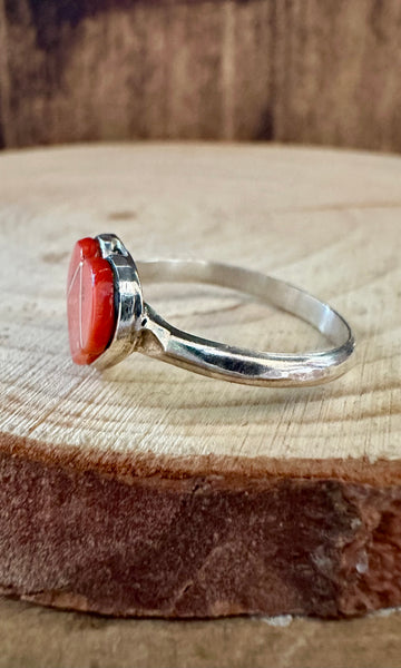 HEART OF CORAL Sterling Silver & Red Ring • Size 8 1/2