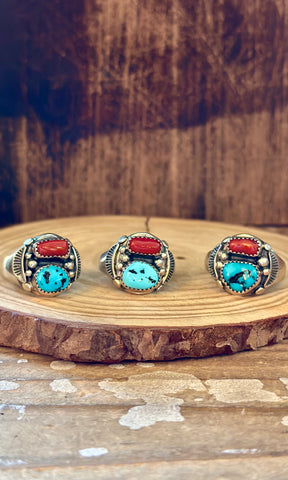 STACKED Turquoise & Coral Silver Mens Ring • Multiple Sizes