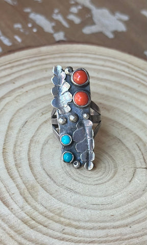 DOUBLE DECKER Silver Coral & Turquoise 70s Vintage Ring, Size 6 1/4