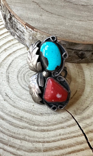 DOUBLE DECKER Navajo 60s 70s Silver Coral & Turquoise Ring Size 4 1/4