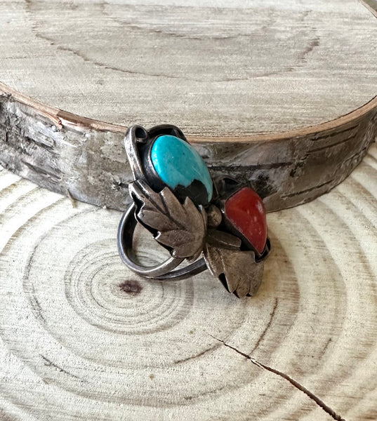 DOUBLE DECKER Navajo 60s 70s Silver Coral & Turquoise Ring Size 4 1/4