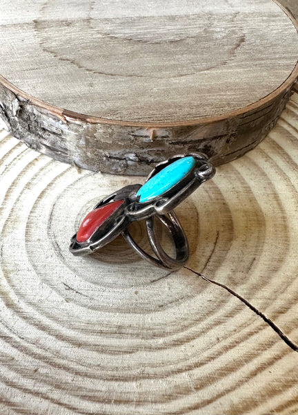 DOUBLE DECKER Navajo 60s 70s Silver Coral & Turquoise Ring Size 4 1/4