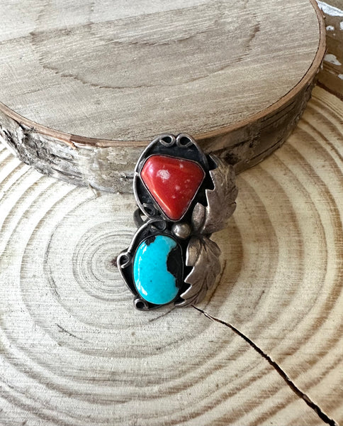 DOUBLE DECKER Navajo 60s 70s Silver Coral & Turquoise Ring Size 4 1/4