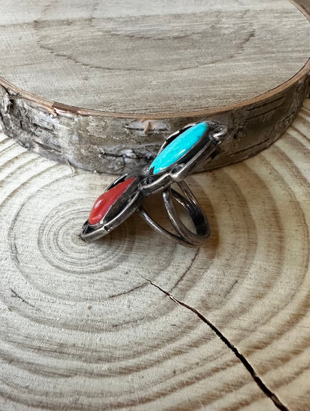 DOUBLE DECKER Navajo 60s 70s Silver Coral & Turquoise Ring Size 4 1/4