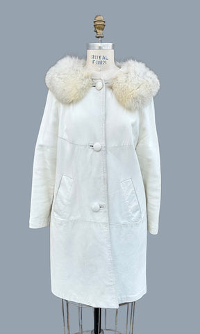 VINTAGE WHITE LEATHER & Fur Collar 60's Coat • Small