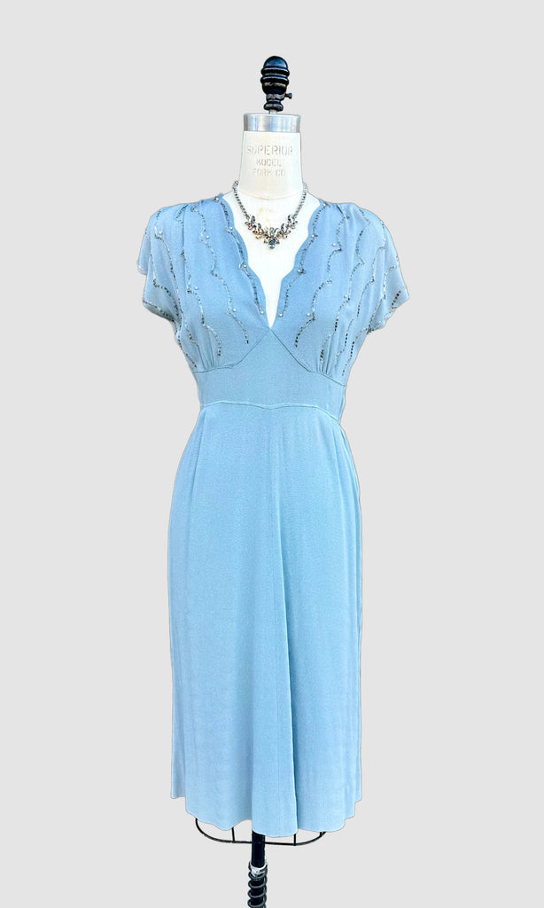 VINTAGE BABY BLUE 40s Pearl Dress • Medium