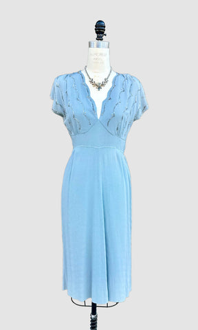 VINTAGE BABY BLUE 40s Pearl Dress • Medium