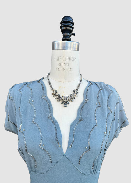 VINTAGE BABY BLUE 40s Pearl Dress • Medium