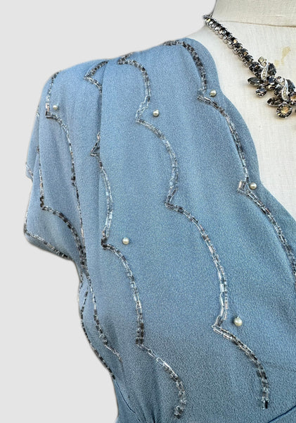 VINTAGE BABY BLUE 40s Pearl Dress • Medium