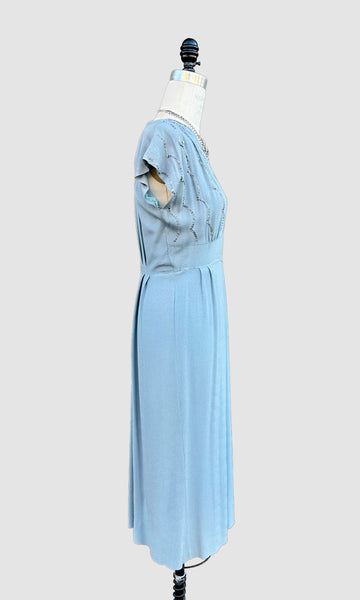 VINTAGE BABY BLUE 40s Pearl Dress • Medium