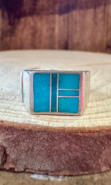 OCEAN BLUE Turquoise & Sterling Silver Geometric Inlay Ring Mens