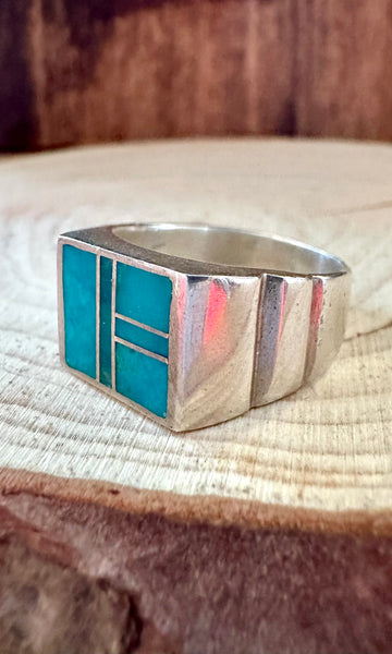 OCEAN BLUE Turquoise & Sterling Silver Geometric Inlay Ring Mens