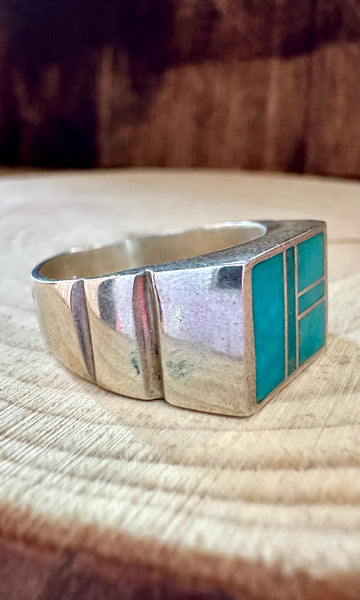 OCEAN BLUE Turquoise & Sterling Silver Geometric Inlay Ring Mens