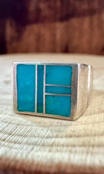 OCEAN BLUE Turquoise & Sterling Silver Geometric Inlay Ring Mens