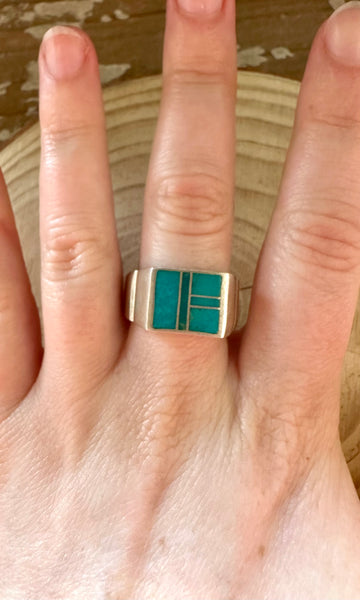 OCEAN BLUE Turquoise & Sterling Silver Geometric Inlay Ring Mens