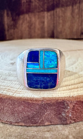 DEEP OCEAN Turquoise & Sterling Geometric Inlay Ring Mens • Size 10, 10 1/2