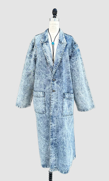 VINTAGE SUNDANCE 80s/90s Hand Painted Acid Wash Denim Duster • XL