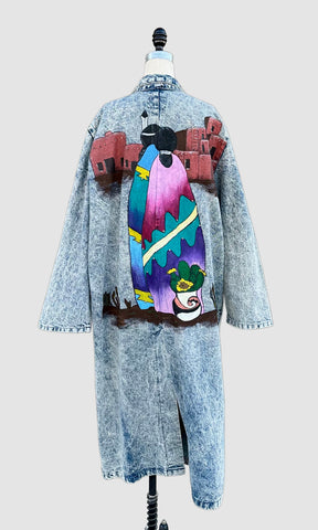 VINTAGE SUNDANCE 80s/90s Hand Painted Acid Wash Denim Duster • XL